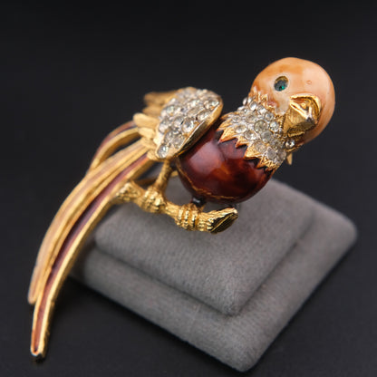 ❤️ Vintage Gold Tone Enamel Bird Brooch with Rhinestones, Multicolor Tail