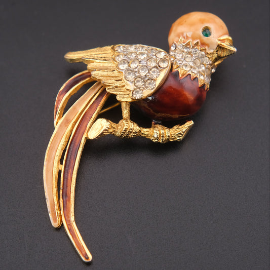 ❤️ Vintage Gold Tone Enamel Bird Brooch with Rhinestones, Multicolor Tail
