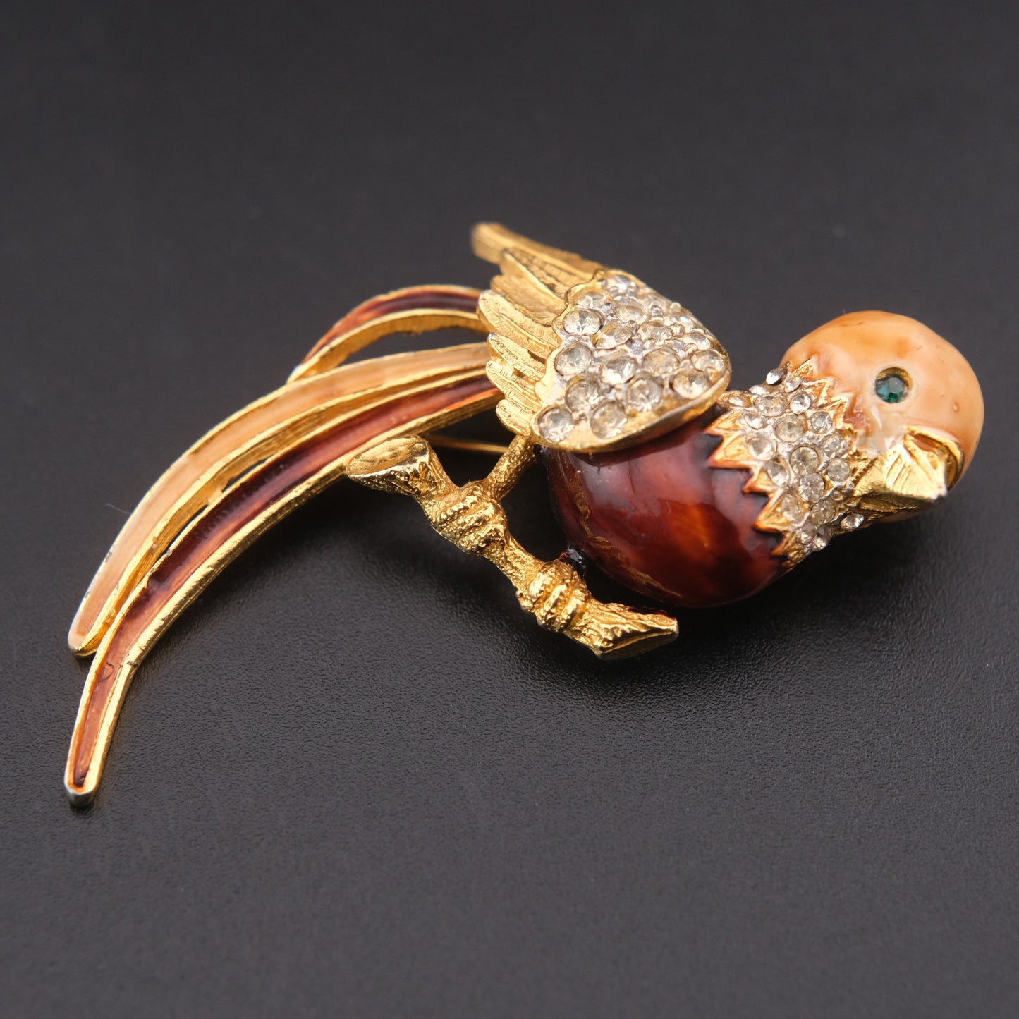 ❤️ Vintage Gold Tone Enamel Bird Brooch with Rhinestones, Multicolor Tail