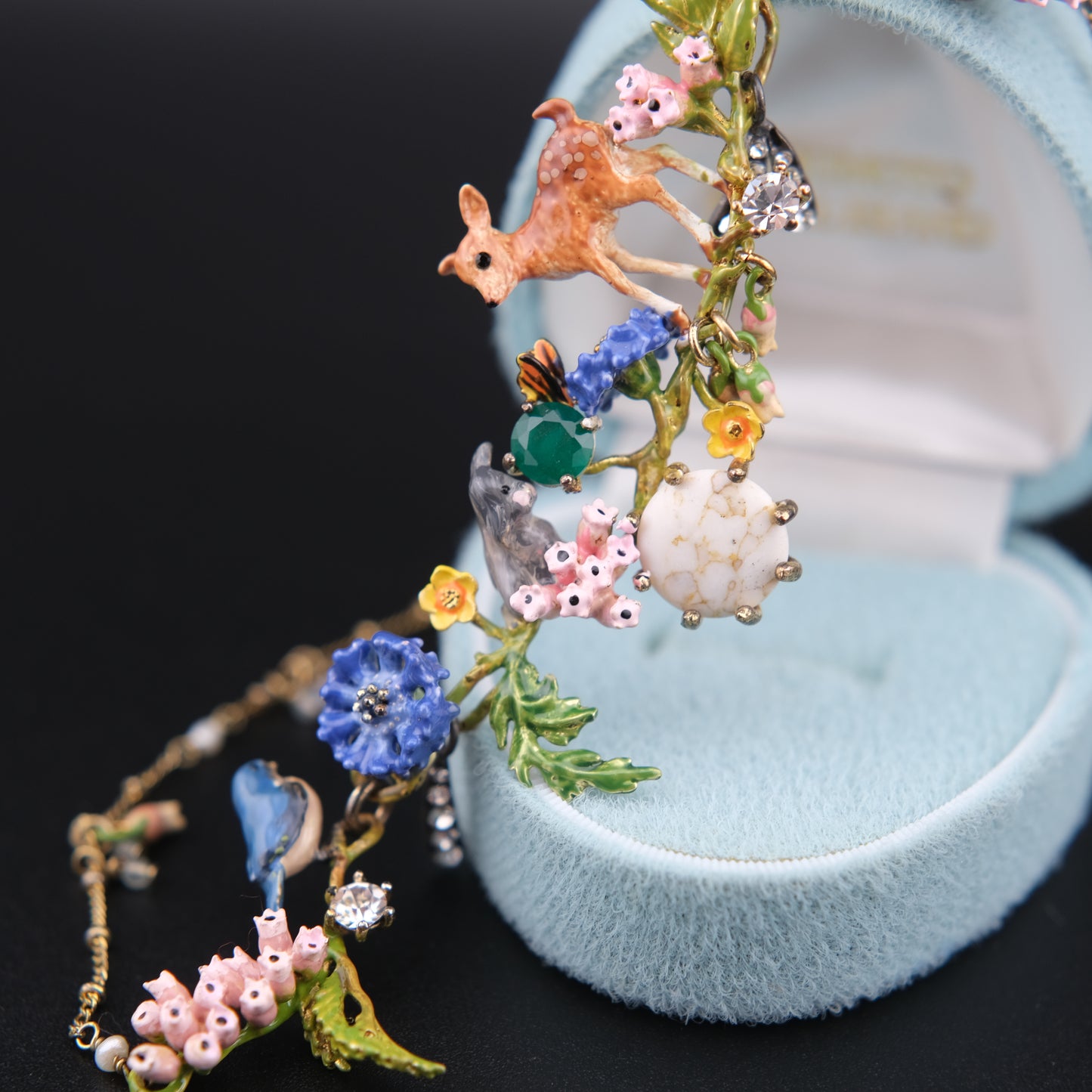 ❤️ Les Néréides Enamel Woodland Charm Necklace with Deer & Floral Motif – 16"