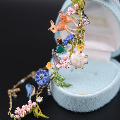 ❤️ Les Néréides Enamel Woodland Charm Necklace with Deer & Floral Motif – 16"