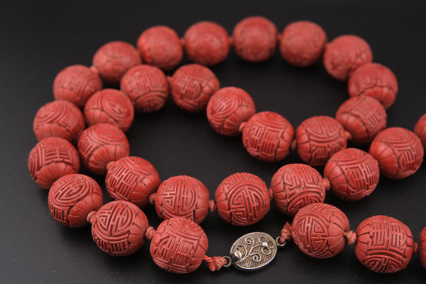 Vintage Chinese Cinnabar Bead Necklace with Sterling Silver Filigree Clasp