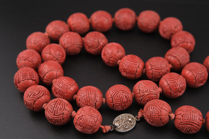 Vintage Chinese Cinnabar Bead Necklace with Sterling Silver Filigree Clasp