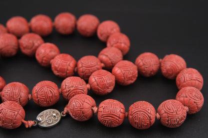 Vintage Chinese Cinnabar Bead Necklace with Sterling Silver Filigree Clasp