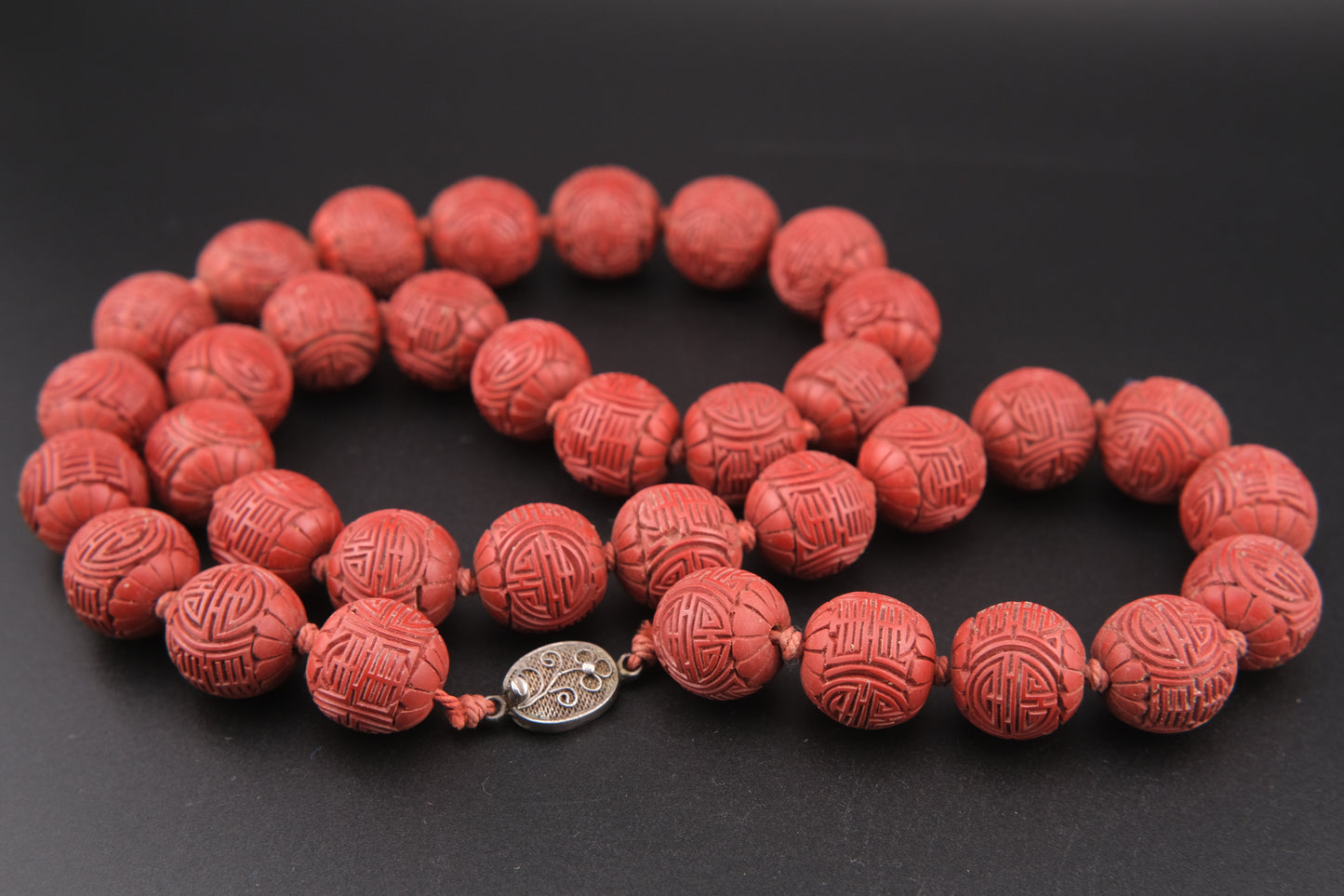 Vintage Chinese Cinnabar Bead Necklace with Sterling Silver Filigree Clasp
