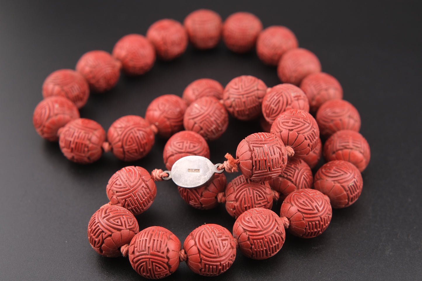 Vintage Chinese Cinnabar Bead Necklace with Sterling Silver Filigree Clasp