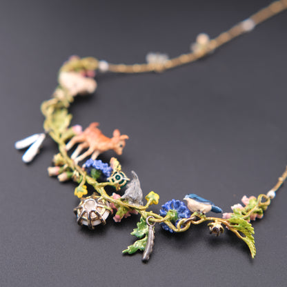❤️ Les Néréides Enamel Woodland Charm Necklace with Deer & Floral Motif – 16"