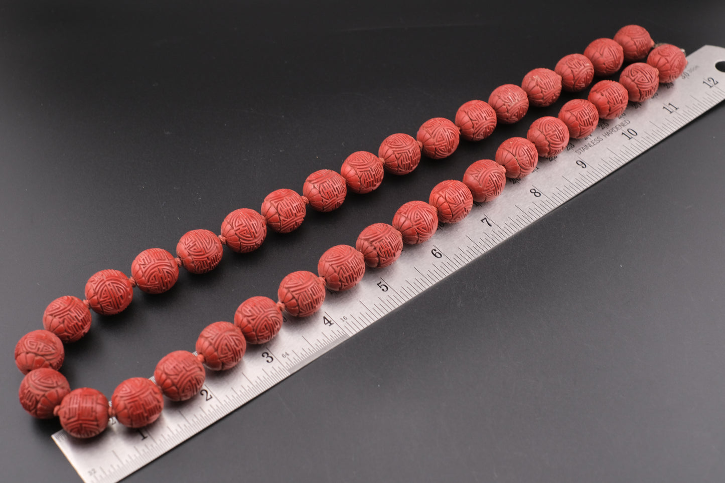 Vintage Chinese Cinnabar Bead Necklace with Sterling Silver Filigree Clasp