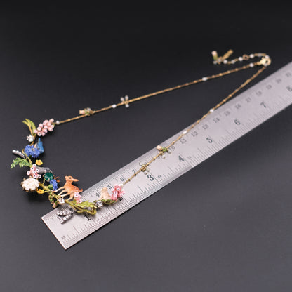 ❤️ Les Néréides Enamel Woodland Charm Necklace with Deer & Floral Motif – 16"