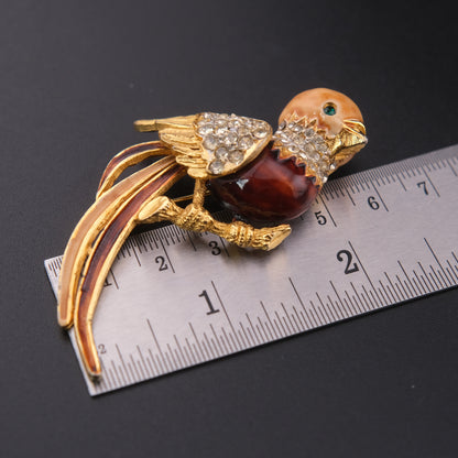 ❤️ Vintage Gold Tone Enamel Bird Brooch with Rhinestones, Multicolor Tail