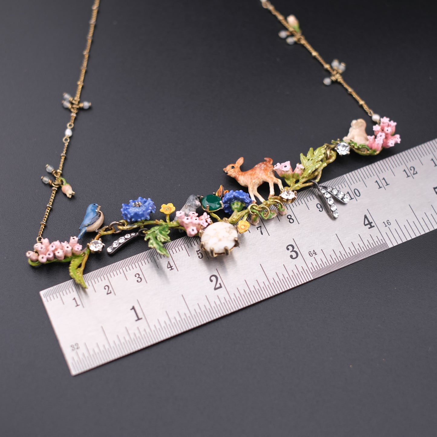 ❤️ Les Néréides Enamel Woodland Charm Necklace with Deer & Floral Motif – 16"