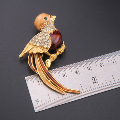 ❤️ Vintage Gold Tone Enamel Bird Brooch with Rhinestones, Multicolor Tail