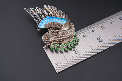 Vintage Chinese Filigree Enamel Bird Brooch Pendant – 925 Silver Dove with Olive Branch – Blue Green Cloisonné Accents