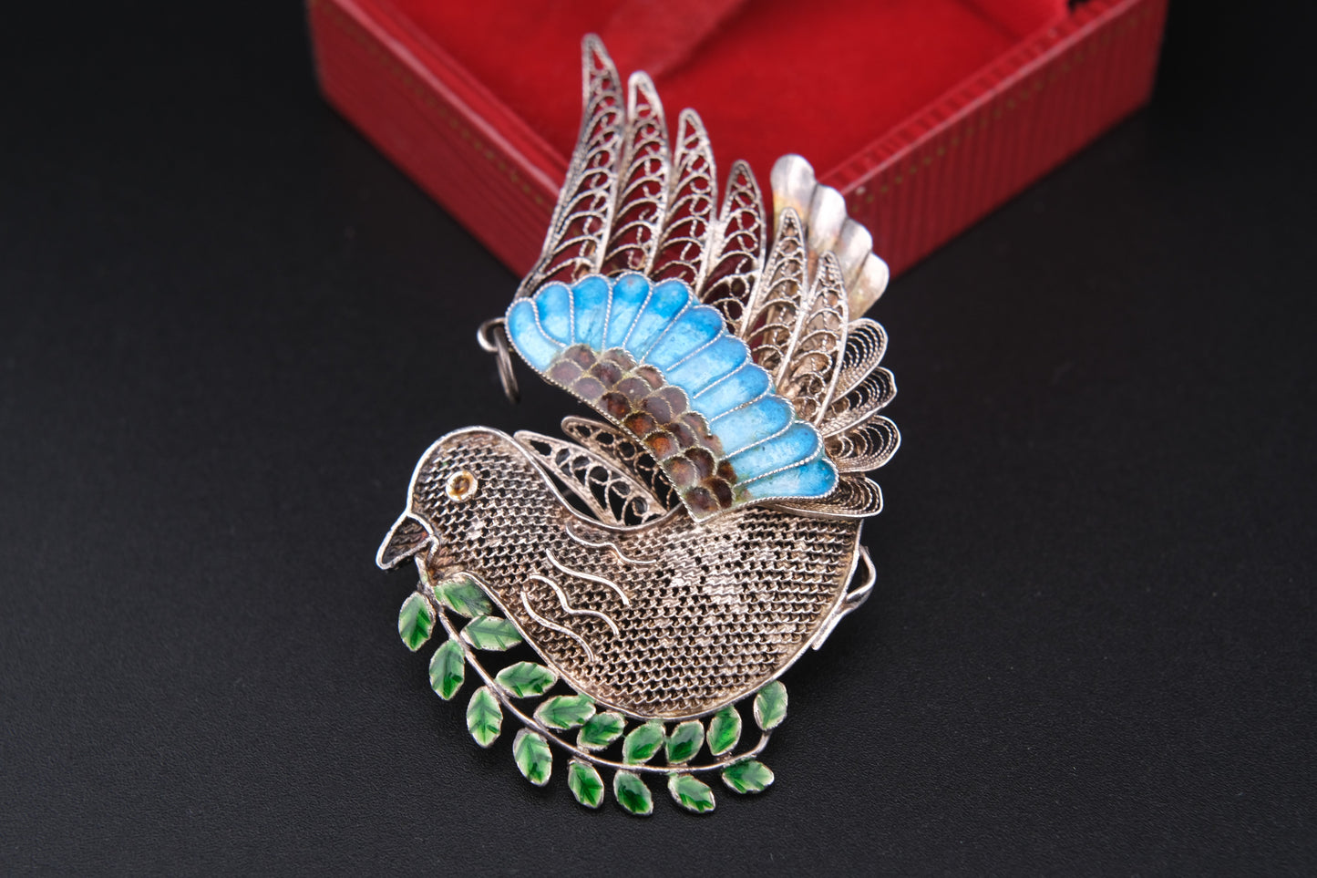 Vintage Chinese Filigree Enamel Bird Brooch Pendant – 925 Silver Dove with Olive Branch – Blue Green Cloisonné Accents