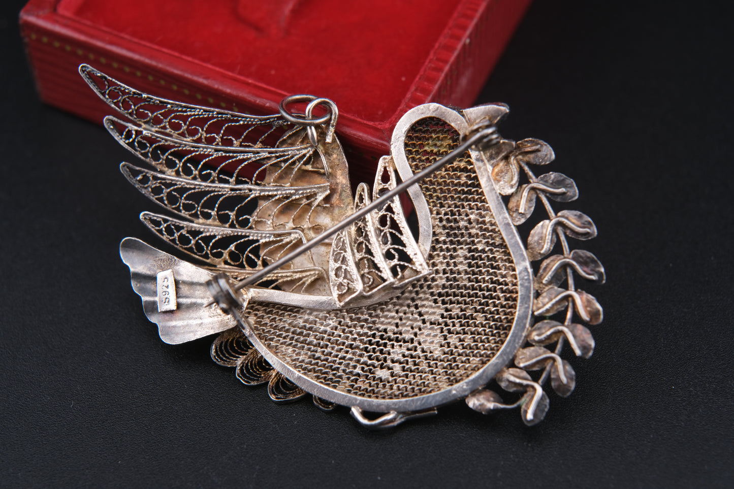 Vintage Chinese Filigree Enamel Bird Brooch Pendant – 925 Silver Dove with Olive Branch – Blue Green Cloisonné Accents