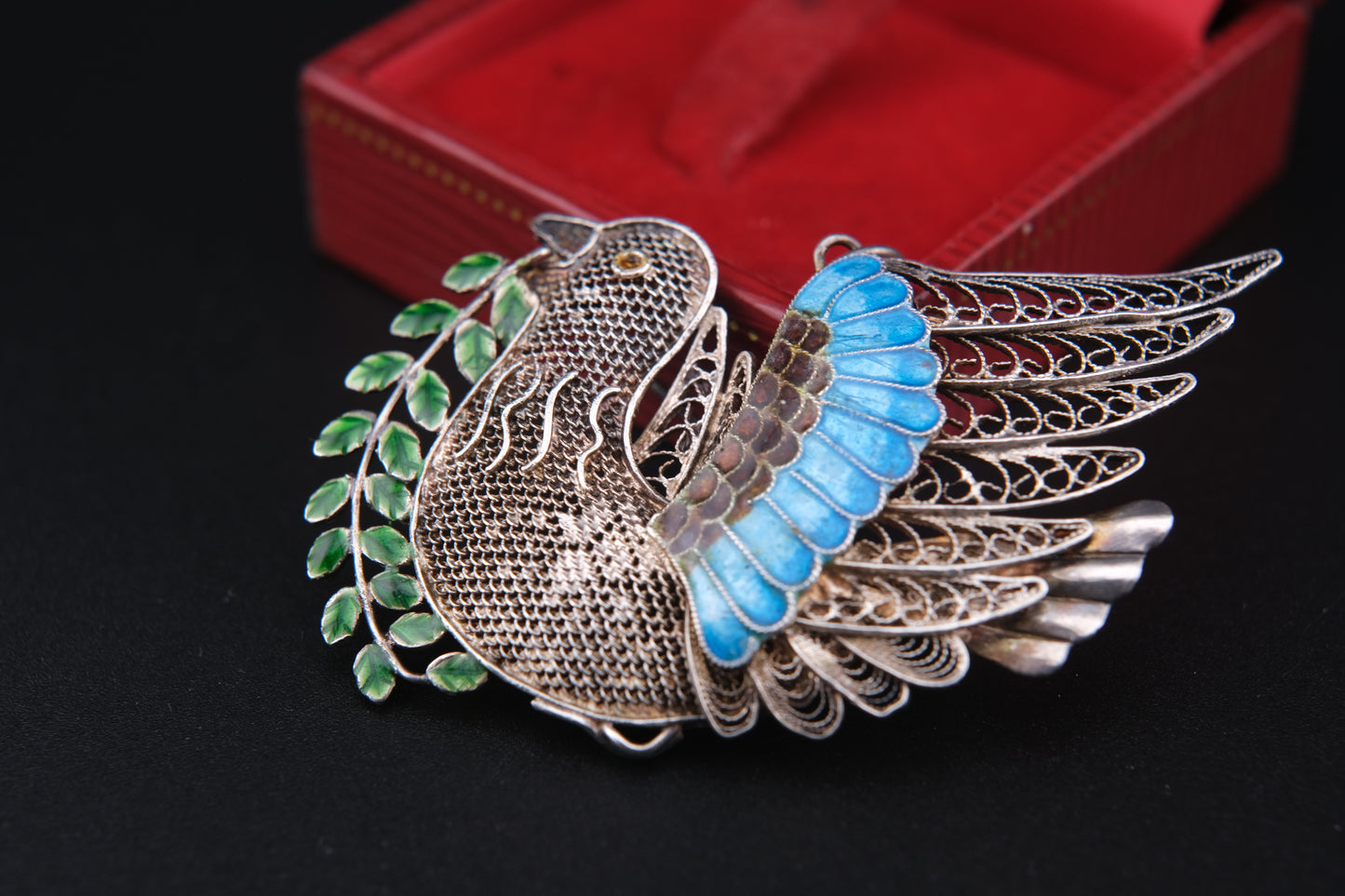 Vintage Chinese Filigree Enamel Bird Brooch Pendant – 925 Silver Dove with Olive Branch – Blue Green Cloisonné Accents