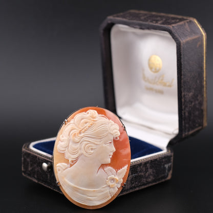 Antique Shell Cameo Brooch & Pendant – Hand-Carved Lady Portrait in Silver 800