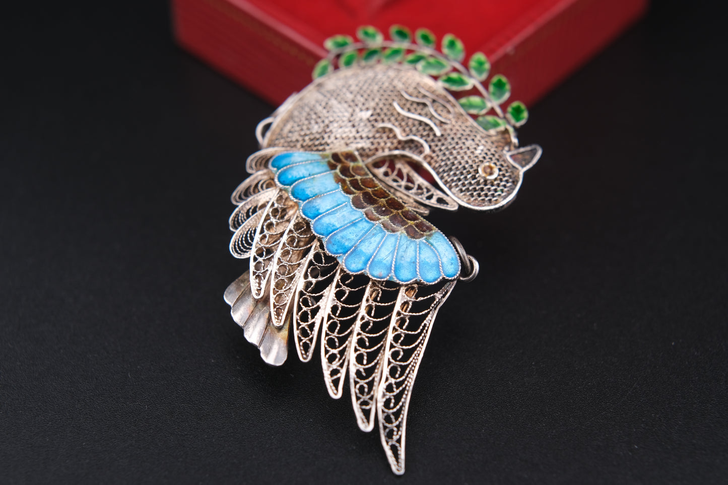 Vintage Chinese Filigree Enamel Bird Brooch Pendant – 925 Silver Dove with Olive Branch – Blue Green Cloisonné Accents