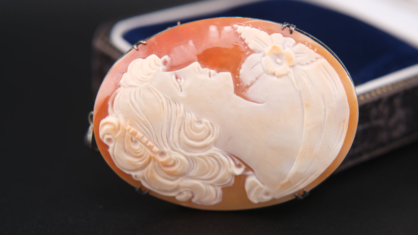 Antique Shell Cameo Brooch & Pendant – Hand-Carved Lady Portrait in Silver 800