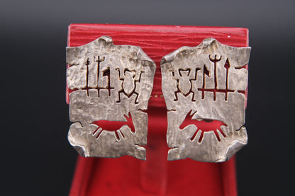 Vintage Sterling Silver Clip-On Earrings by Woods | Tribal Petroglyph Cut-Out Design | Hand-Hammered Texture