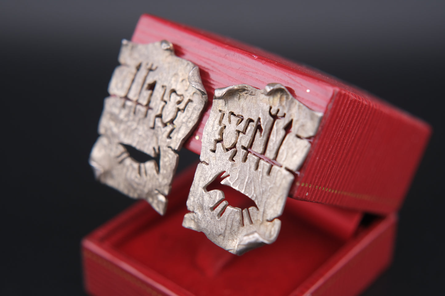 Vintage Sterling Silver Clip-On Earrings by Woods | Tribal Petroglyph Cut-Out Design | Hand-Hammered Texture