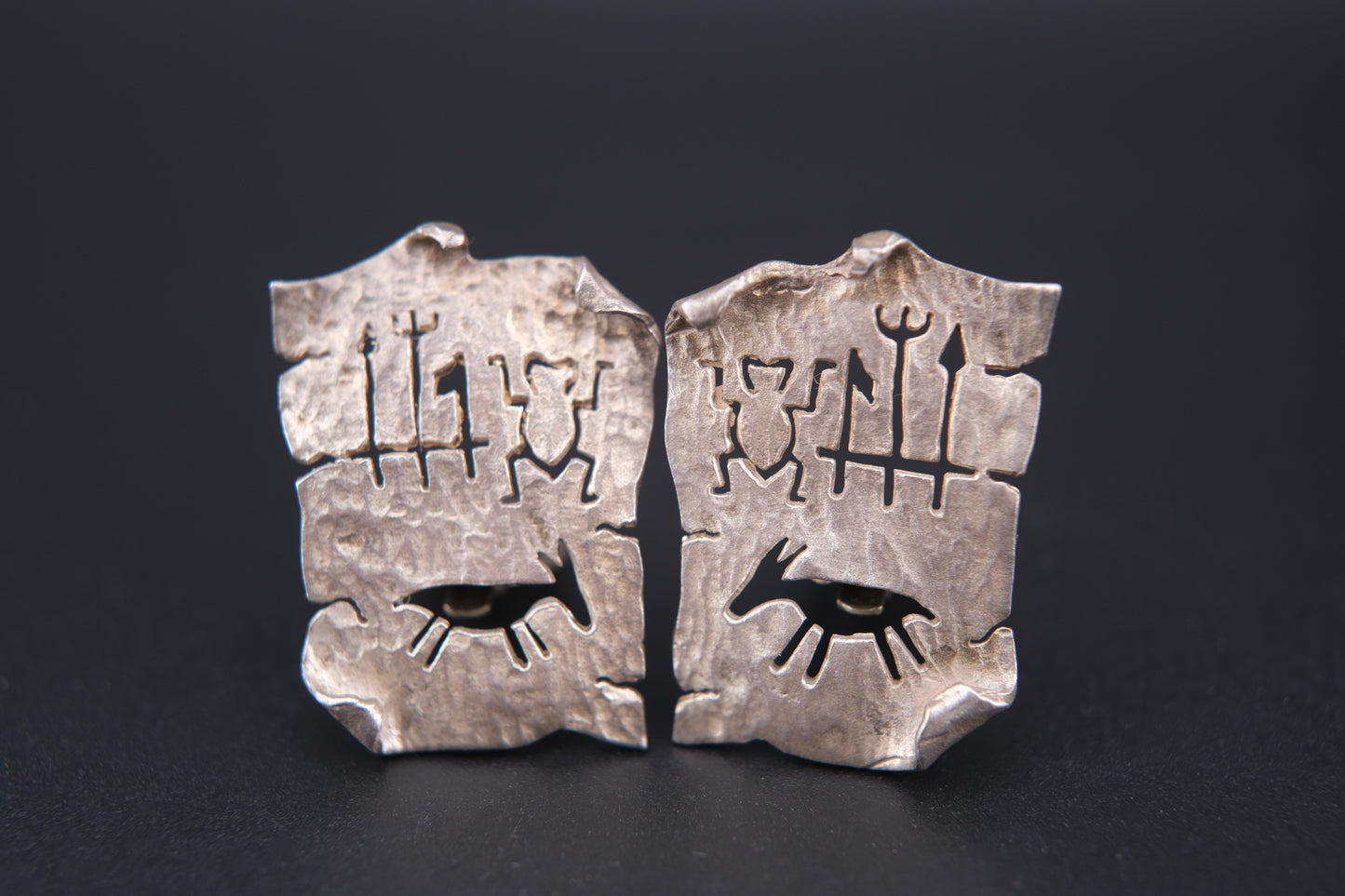 Vintage Sterling Silver Clip-On Earrings by Woods | Tribal Petroglyph Cut-Out Design | Hand-Hammered Texture