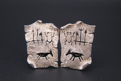 Vintage Sterling Silver Clip-On Earrings by Woods | Tribal Petroglyph Cut-Out Design | Hand-Hammered Texture