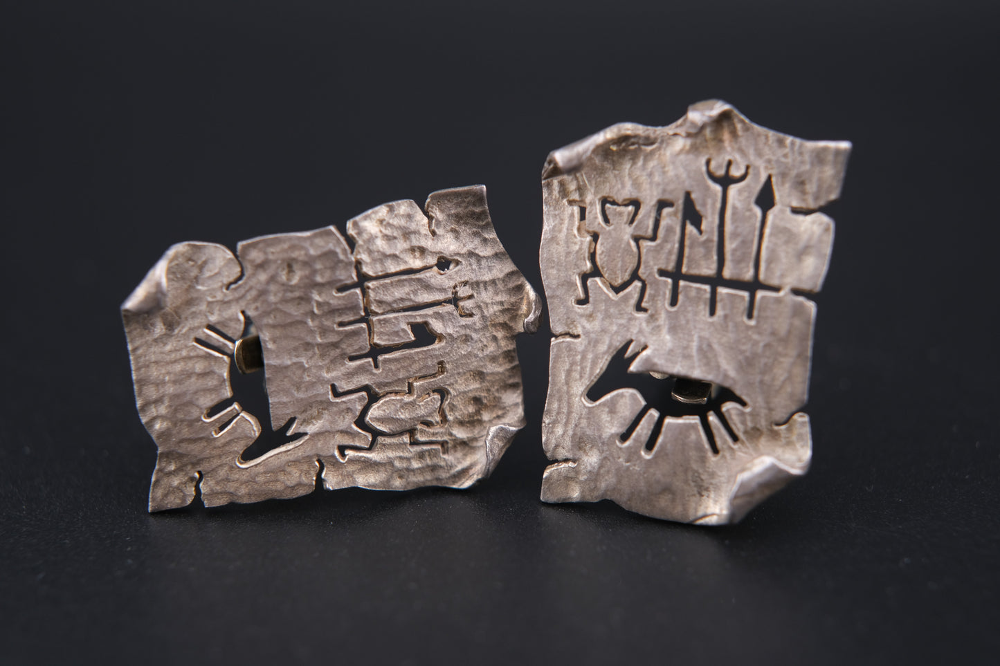 Vintage Sterling Silver Clip-On Earrings by Woods | Tribal Petroglyph Cut-Out Design | Hand-Hammered Texture