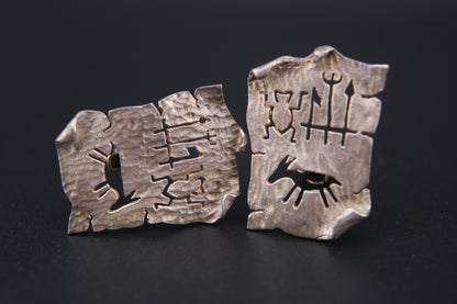 Vintage Sterling Silver Clip-On Earrings by Woods | Tribal Petroglyph Cut-Out Design | Hand-Hammered Texture