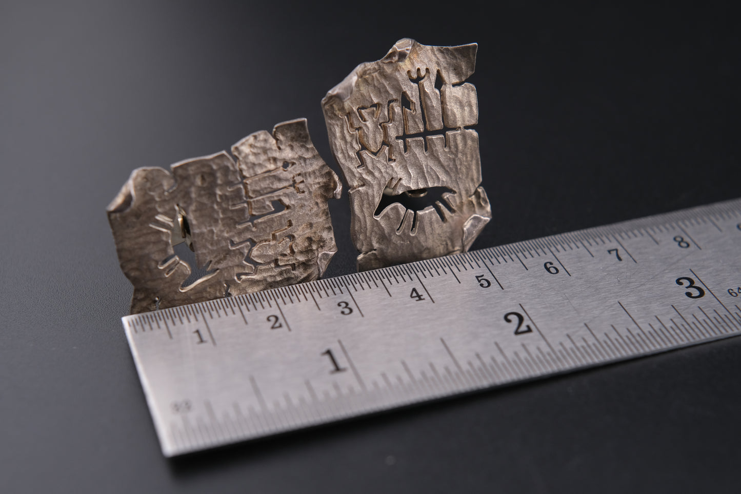 Vintage Sterling Silver Clip-On Earrings by Woods | Tribal Petroglyph Cut-Out Design | Hand-Hammered Texture