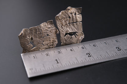 Vintage Sterling Silver Clip-On Earrings by Woods | Tribal Petroglyph Cut-Out Design | Hand-Hammered Texture