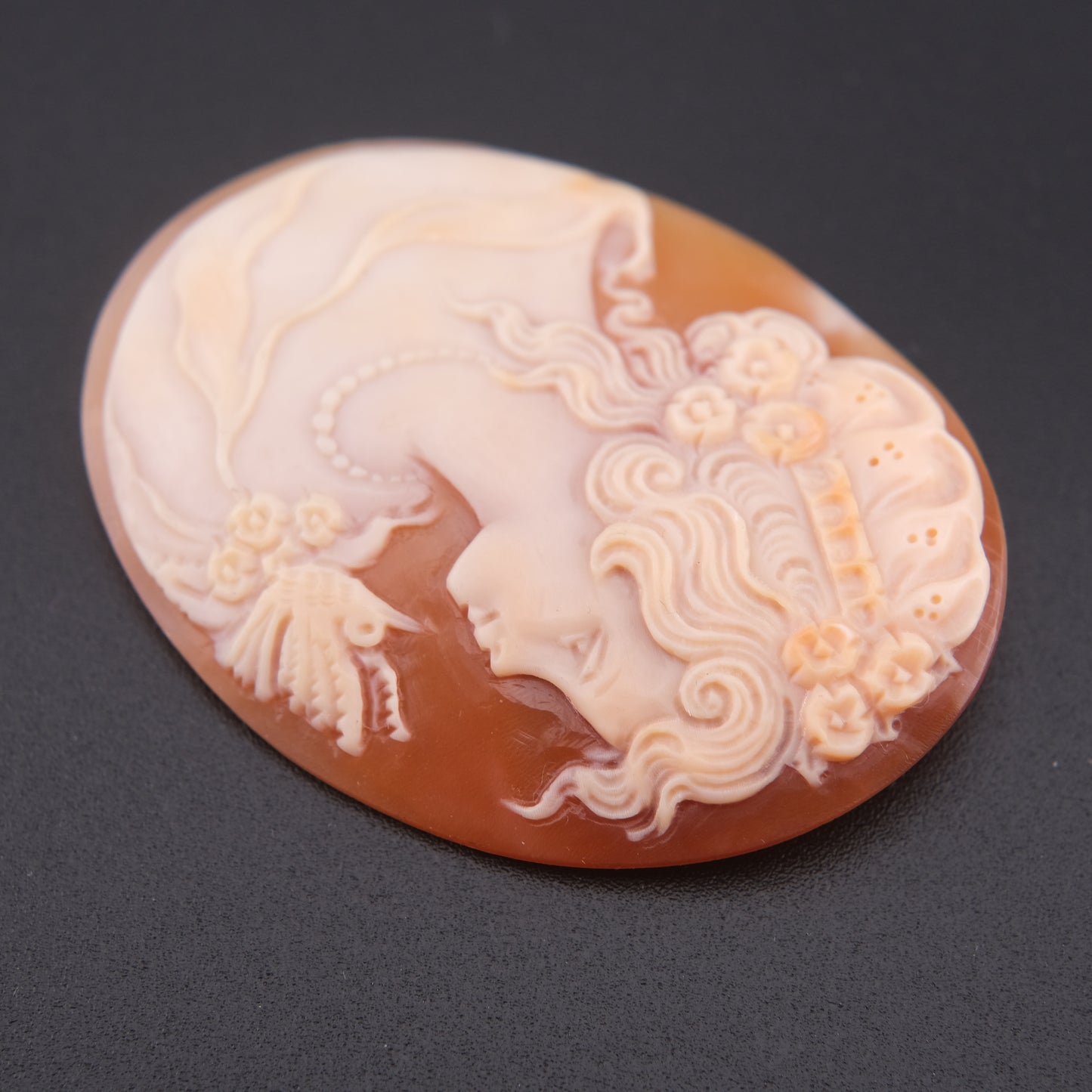 Vintage Hand-Carved Shell Cameo of Lady with Butterfly – Signed Artist Loose Cameo 2"