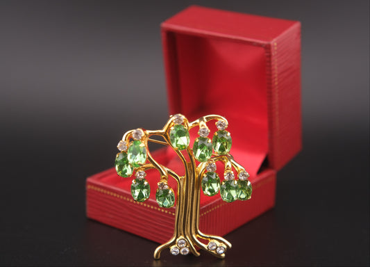 🌳 Vintage Signed KJL Green Tree Brooch – Gold-Tone with Emerald Green & Clear Crystal Rhinestones – Kenneth Jay Lane Statement Jewelry