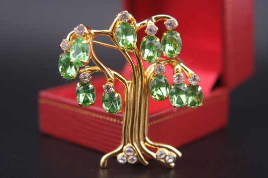 🌳 Vintage Signed KJL Green Tree Brooch – Gold-Tone with Emerald Green & Clear Crystal Rhinestones – Kenneth Jay Lane Statement Jewelry