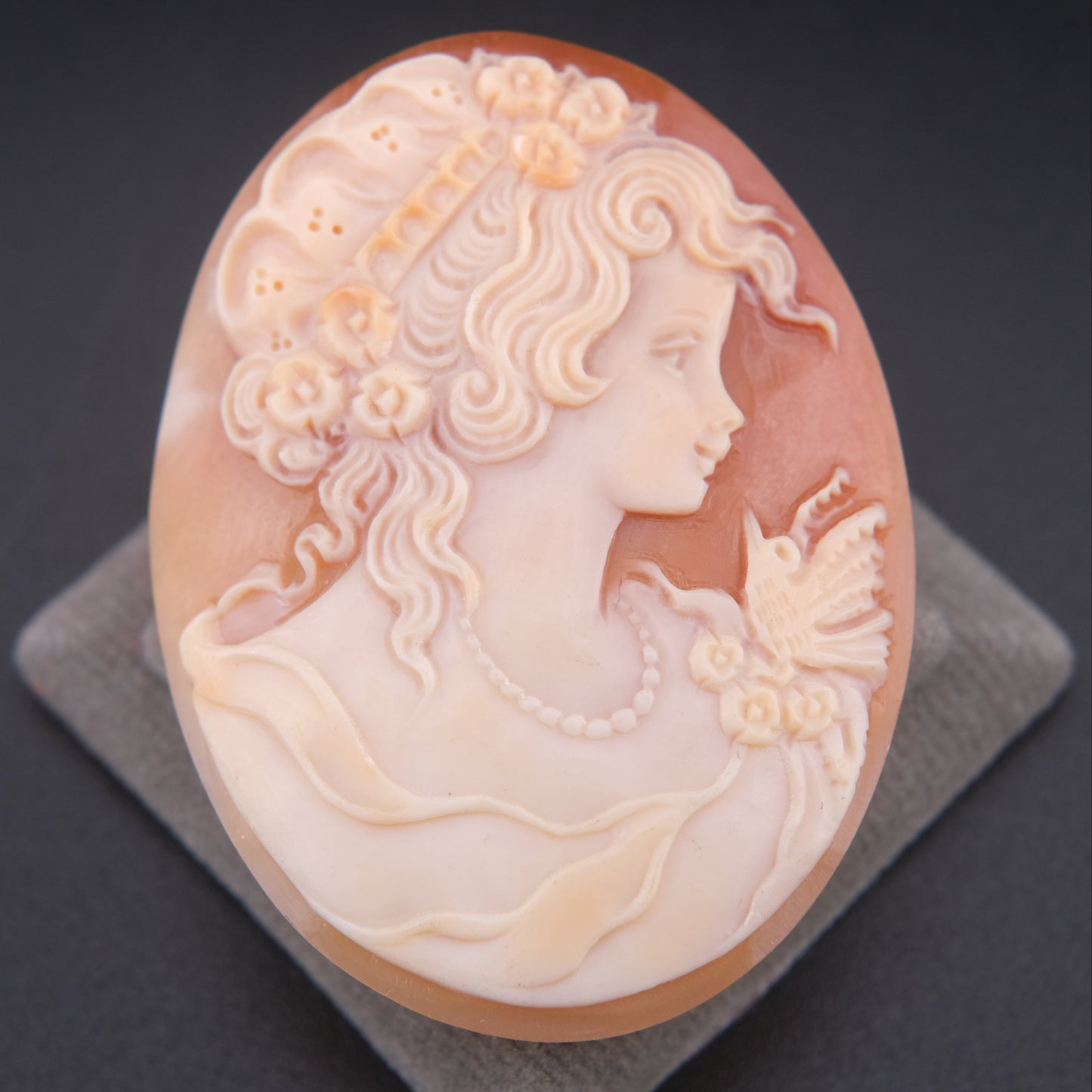 Vintage Hand-Carved Shell Cameo of Lady with Butterfly – Signed Artist Loose Cameo 2"