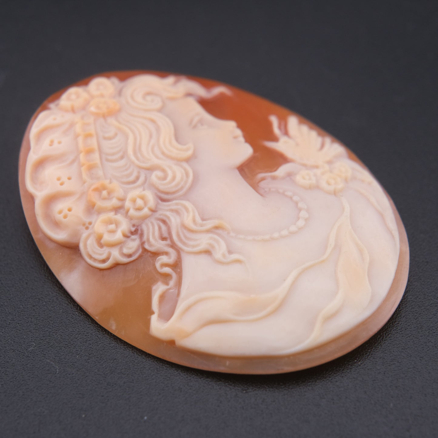Vintage Hand-Carved Shell Cameo of Lady with Butterfly – Signed Artist Loose Cameo 2"