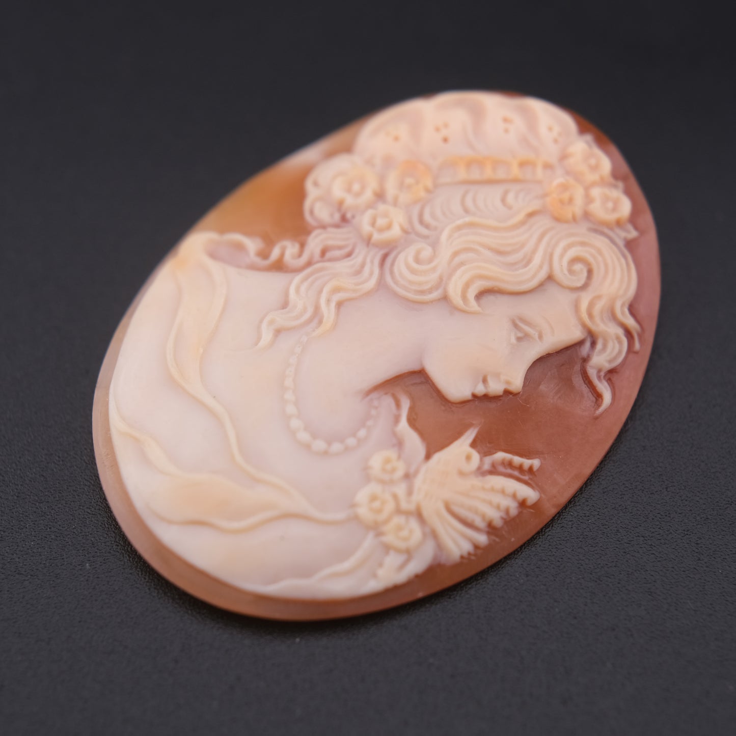 Vintage Hand-Carved Shell Cameo of Lady with Butterfly – Signed Artist Loose Cameo 2"