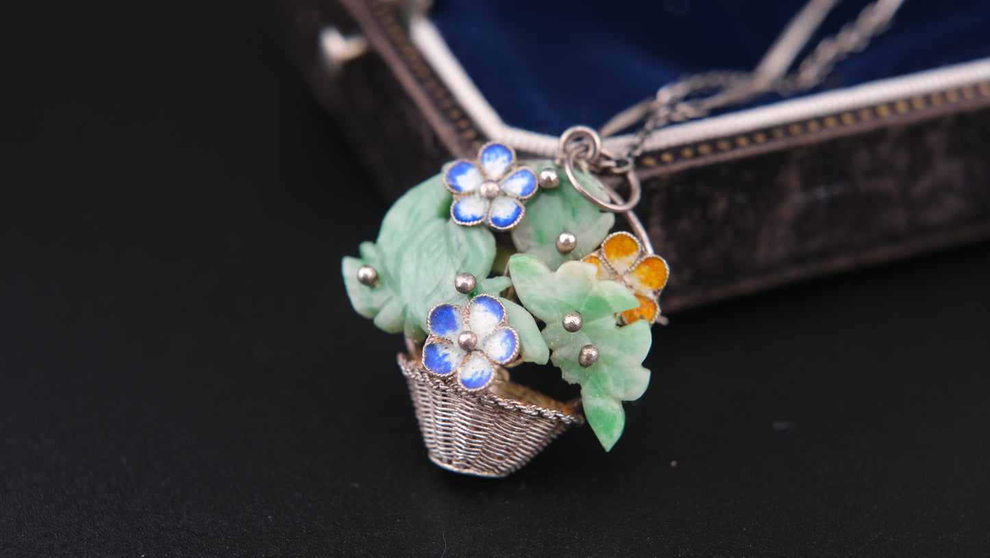 Antique Sterling Silver Jade Flower Basket Pendant Brooch – Cloisonné Enamel, Marked 9988, Chinese Export