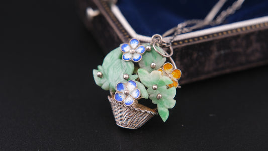 Antique Sterling Silver Jade Flower Basket Pendant Brooch – Cloisonné Enamel, Marked 9988, Chinese Export