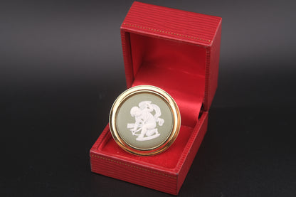 Vintage Wedgwood Jasperware Cameo Brooch – Green & White Cupid Motif with Gold-Tone Frame