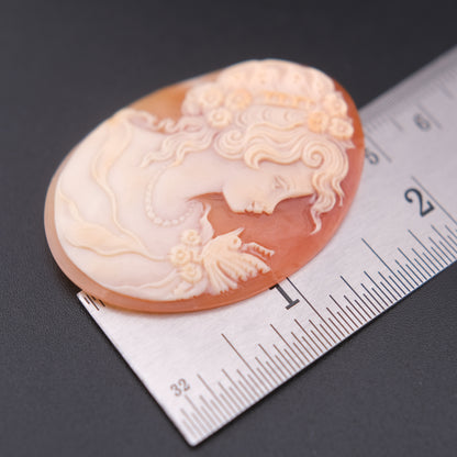 Vintage Hand-Carved Shell Cameo of Lady with Butterfly – Signed Artist Loose Cameo 2"