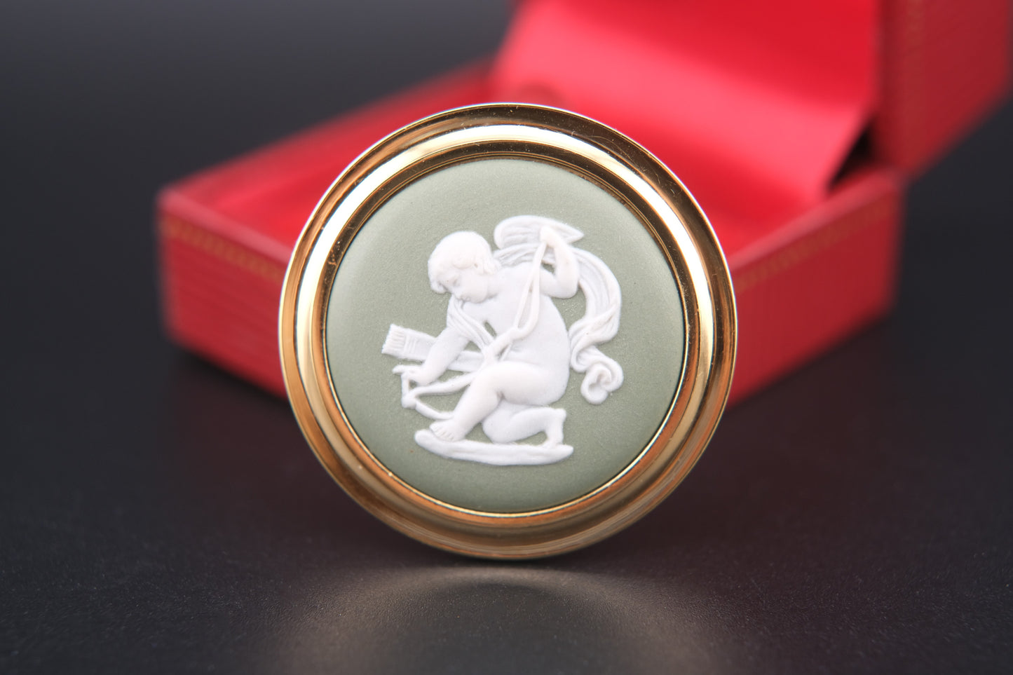 Vintage Wedgwood Jasperware Cameo Brooch – Green & White Cupid Motif with Gold-Tone Frame