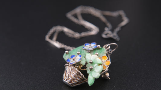 Antique Sterling Silver Jade Flower Basket Pendant Brooch – Cloisonné Enamel, Marked 9988, Chinese Export