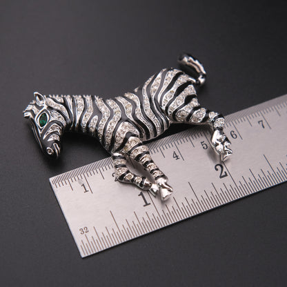 ❤️ Vintage Zebra Brooch Silver Tone with Black Enamel & Crystal Stripes