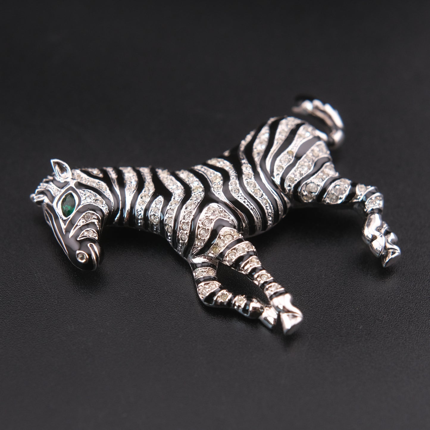 ❤️ Vintage Zebra Brooch Silver Tone with Black Enamel & Crystal Stripes