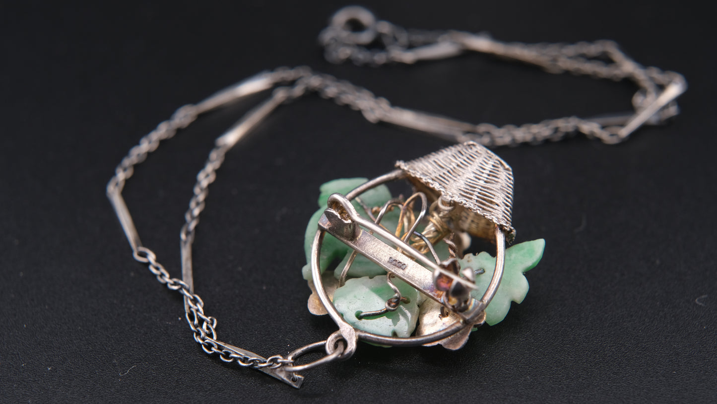 Antique Sterling Silver Jade Flower Basket Pendant Brooch – Cloisonné Enamel, Marked 9988, Chinese Export