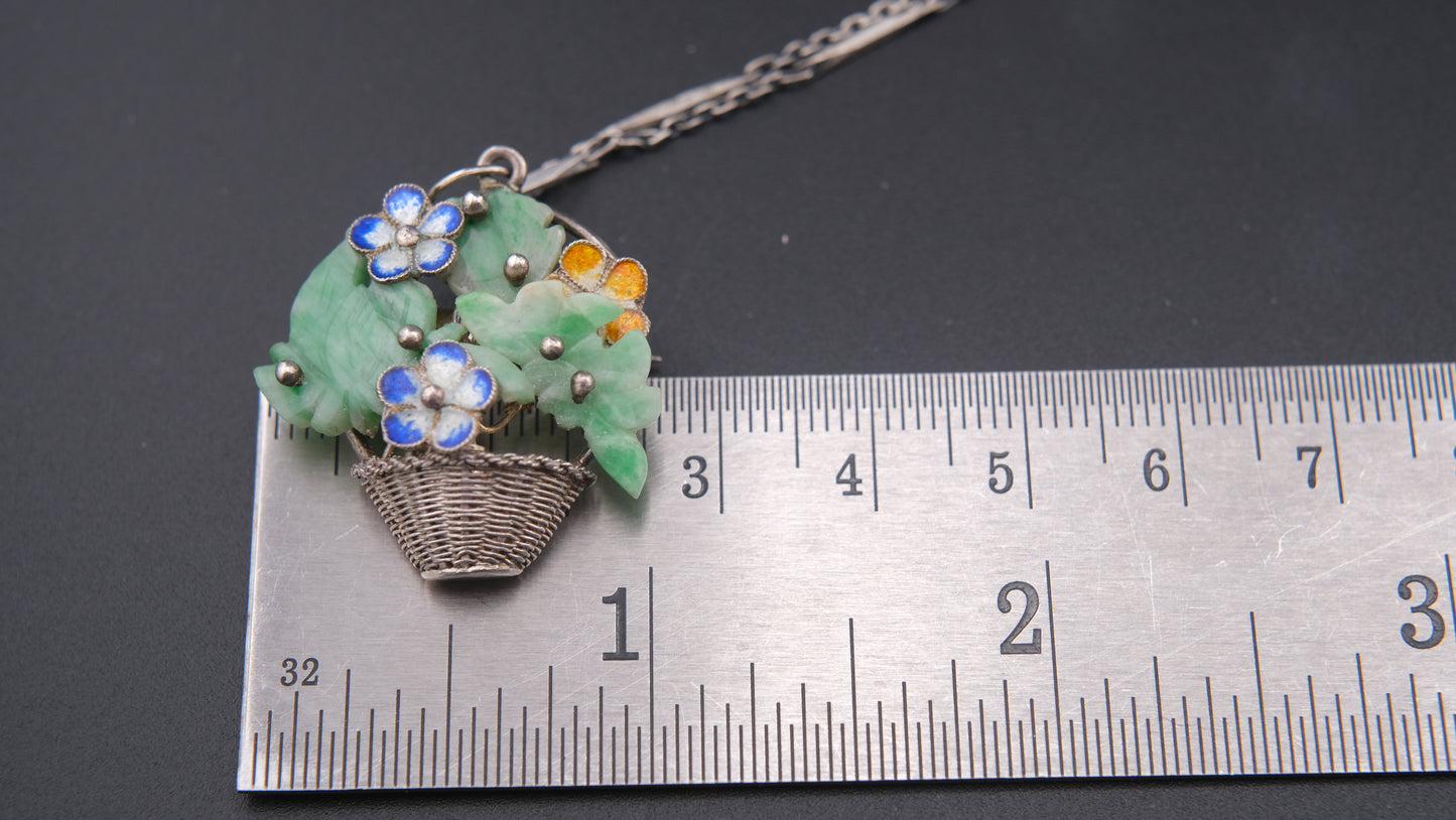 Antique Sterling Silver Jade Flower Basket Pendant Brooch – Cloisonné Enamel, Marked 9988, Chinese Export