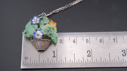 Antique Sterling Silver Jade Flower Basket Pendant Brooch – Cloisonné Enamel, Marked 9988, Chinese Export