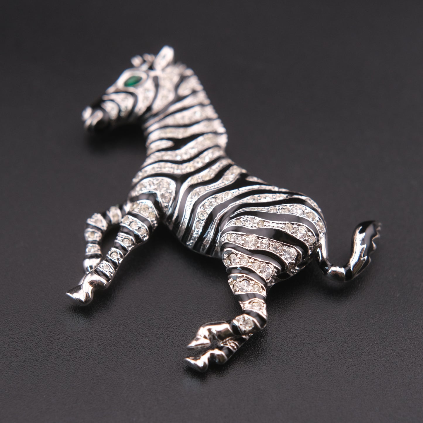 ❤️ Vintage Zebra Brooch Silver Tone with Black Enamel & Crystal Stripes