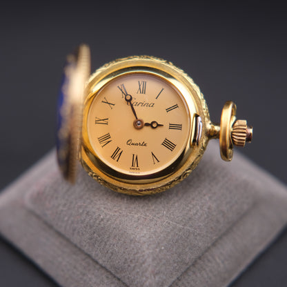 ❤️ Vintage Swiss Carina Blue Enamel Quartz Pendant Watch
